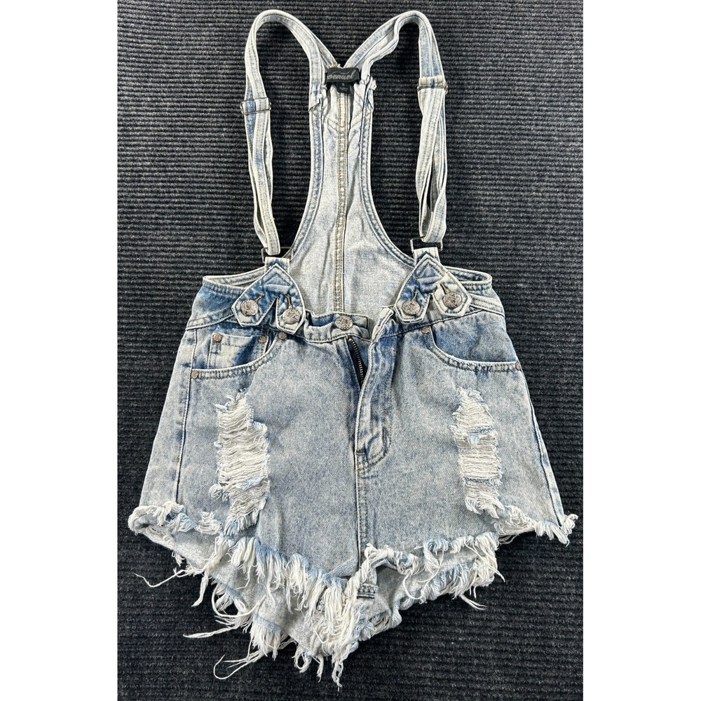 Evenuel Shortalls Women Small Blue Denim Cotton Frayed Hem Distressed Wide Strap